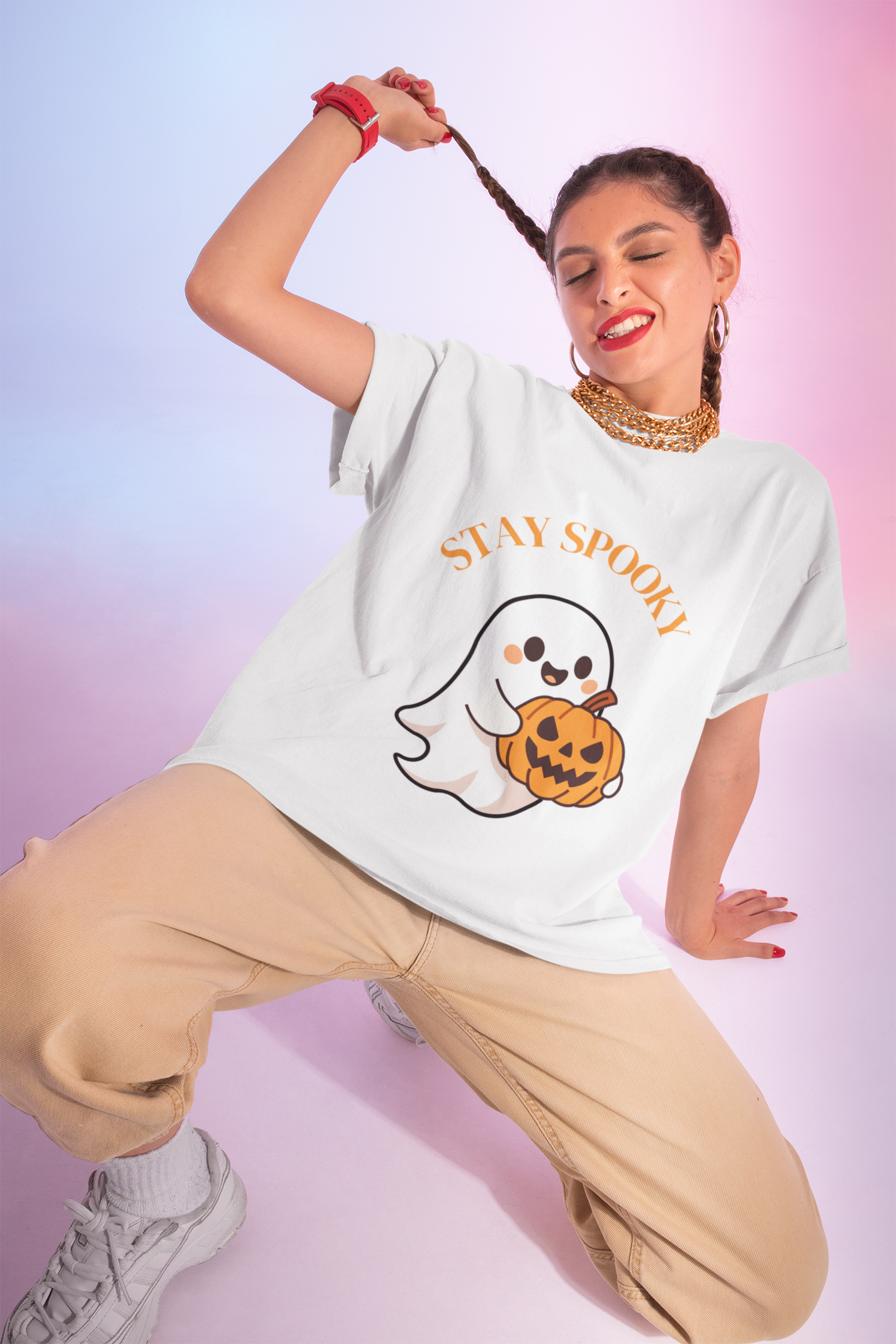 Woman's Stay Spooky Ghost Tee, Halloween T-Shirt, Cute Ghost Apparel