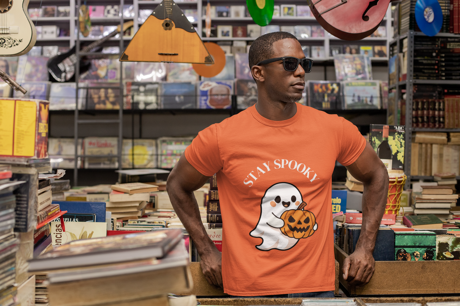Men's Stay Spooky White Letter Ghost Tee, Halloween T-Shirt