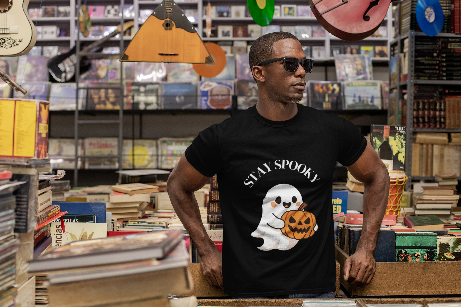 Men's Stay Spooky White Letter Ghost Tee, Halloween T-Shirt