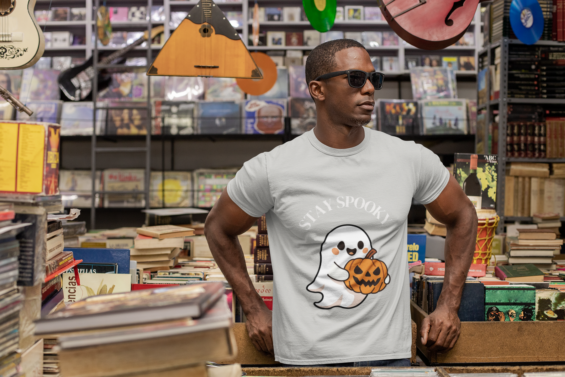 Men's Stay Spooky White Letter Ghost Tee, Halloween T-Shirt