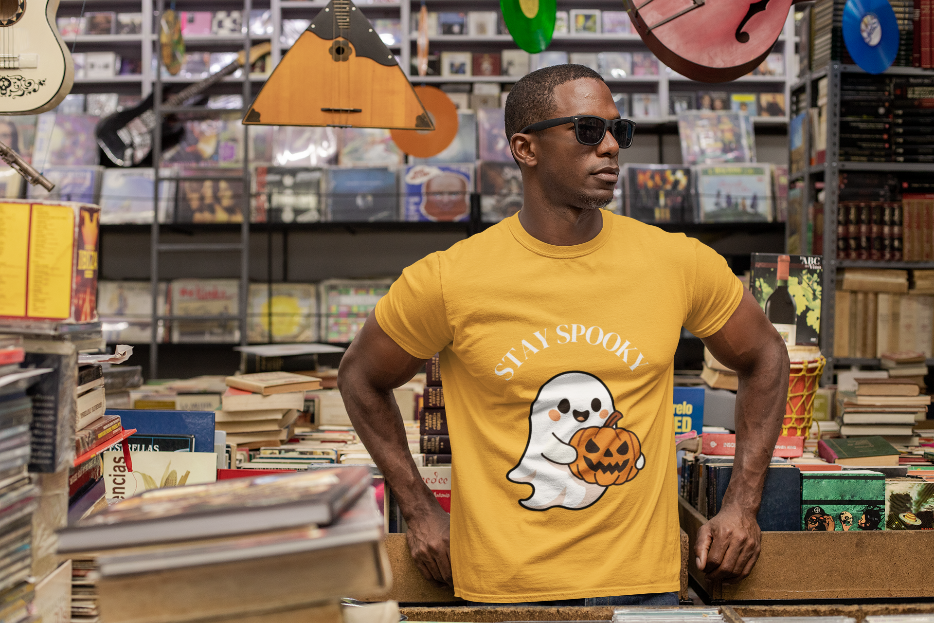 Men's Stay Spooky White Letter Ghost Tee, Halloween T-Shirt