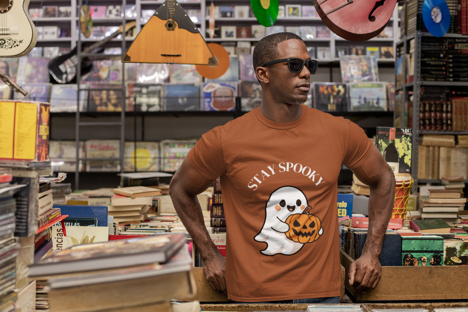 Men's Stay Spooky White Letter Ghost Tee, Halloween T-Shirt