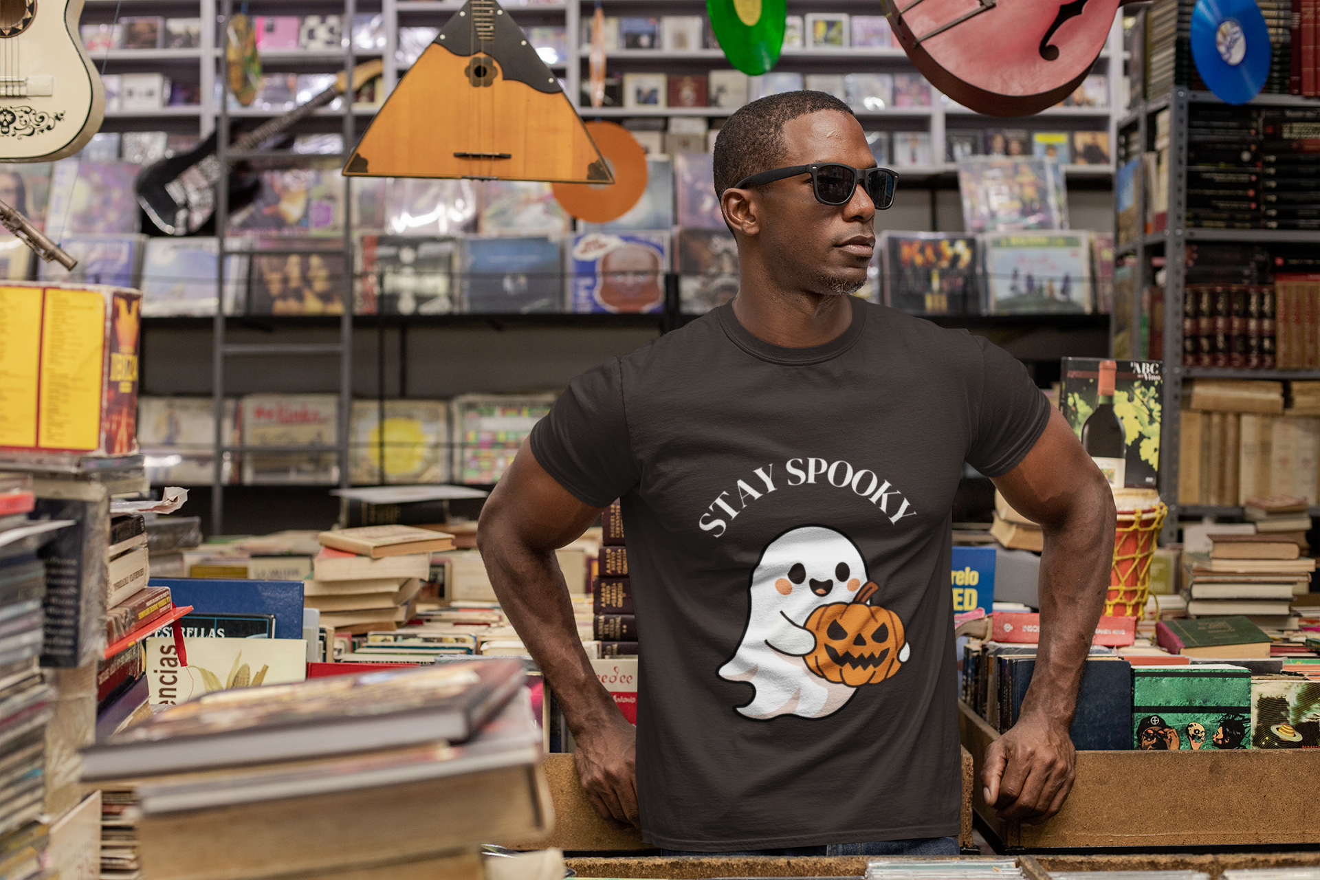 Men's Stay Spooky White Letter Ghost Tee, Halloween T-Shirt